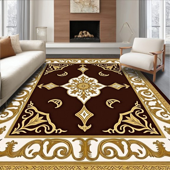 ODIKA 4'x6' Machine Washable Non-Slip Area Rug, with Gilded Accent Details High Traffic Rug, Brown, 665716