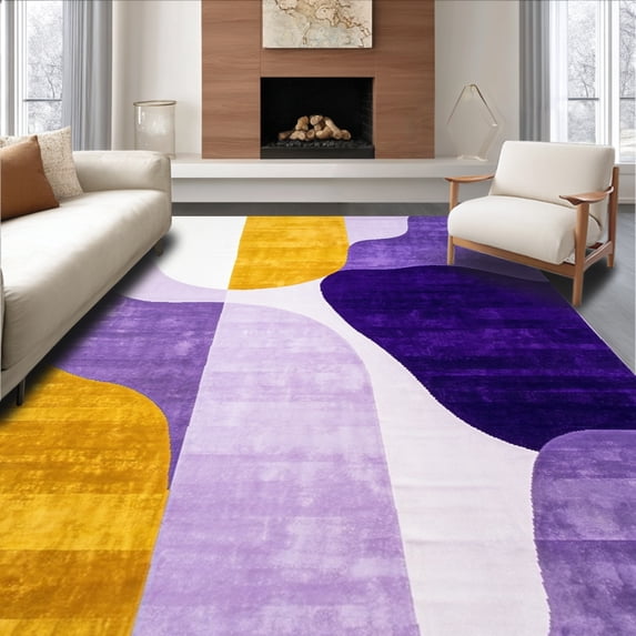 ODIKA 5'x7' Machine Washable Non-Slip Area Rug, Chic Abstract Design with Layered Shapes and Flowing Lines High Traffic Rug, Purple, 143548