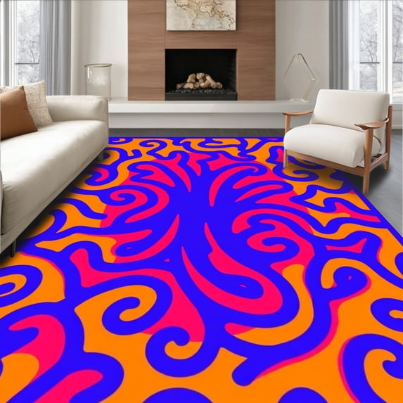 ODIKA 5'x7' Machine Washable Non-Slip Area Rug, Joyful Wag Swirl Decorative Flooring With Playful Appeal High Traffic Rug, Blue, 579618