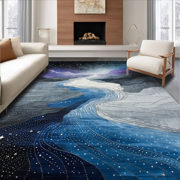 ODIKA 5'x7' Machine Washable Non-Slip Area Rug, Silver River Abstract Celestial High Traffic Rug, Blue, 141489
