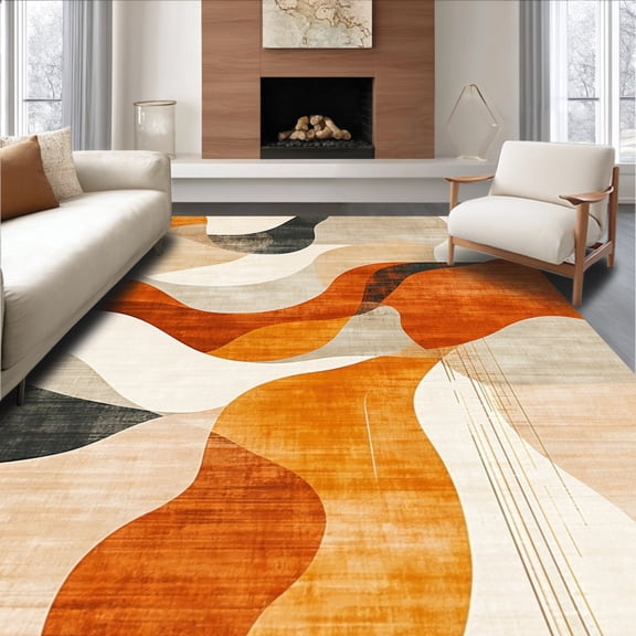 ODIKA 5' x 7' Machine Washable Non-Slip Area Rug, Abstract Wave High Traffic Rug, Beige, 130384