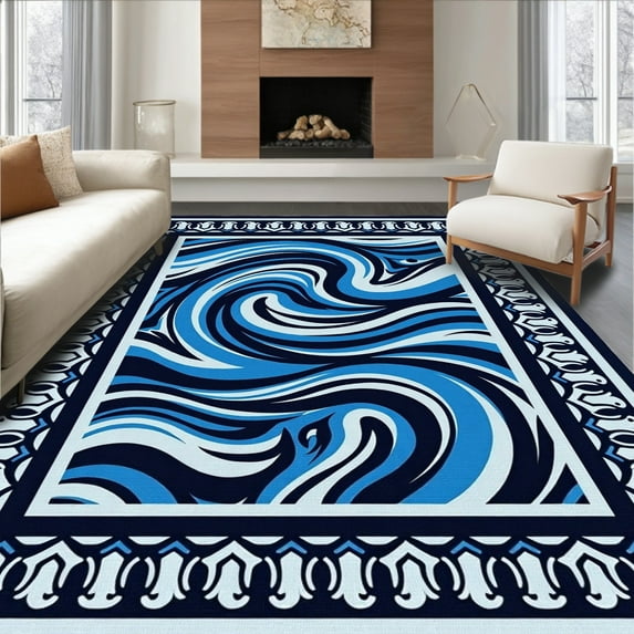 ODIKA 5' x 7' Machine Washable Non-Slip Area Rug, Abstract Wave High Traffic Rug, Blue, 343711