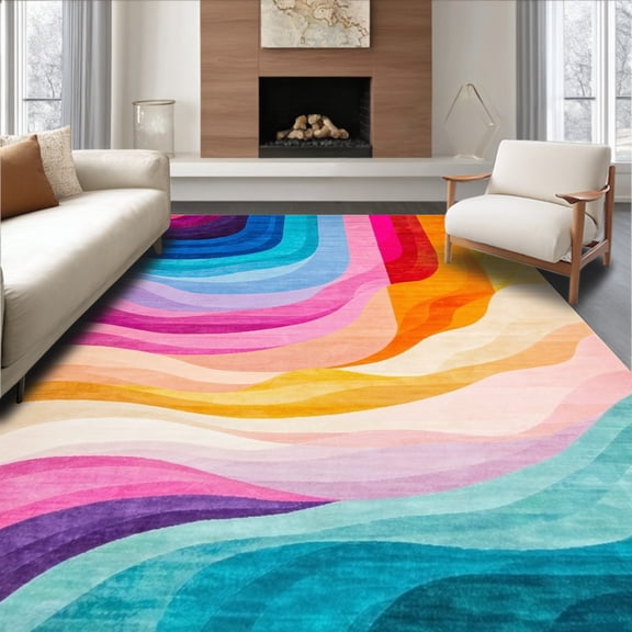 ODIKA 5'x7' Machine Washable Non-Slip Area Rug, Whimsical Waves Colorful Undulating Design for Playrooms High Traffic Rug, Blue, 83062