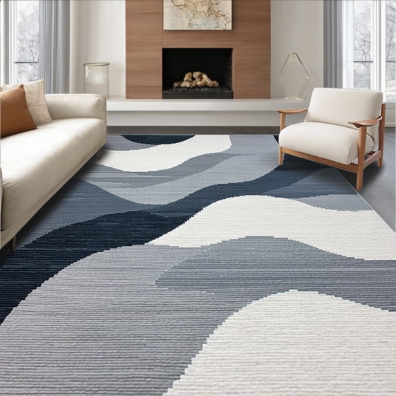 ODIKA 5'x7' Machine Washable Non-Slip Area Rug, Silver Streamline Wavy Abstract Flowing Serene Design High Traffic Rug, Gray, 104224