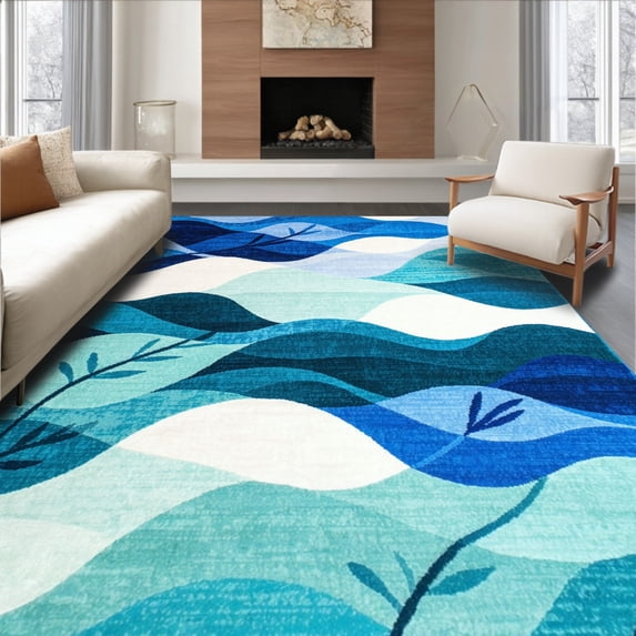 ODIKA 5'x7' Machine Washable Non-Slip Area Rug, Artistic Ocean Wave Leaf with Fluid Motifs High Traffic Rug, Blue, 260922