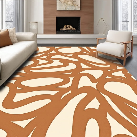 ODIKA 5' x 7' Machine Washable Non-Slip Area Rug, Abstract Wavy-Line High Traffic Rug, Brown, 376956