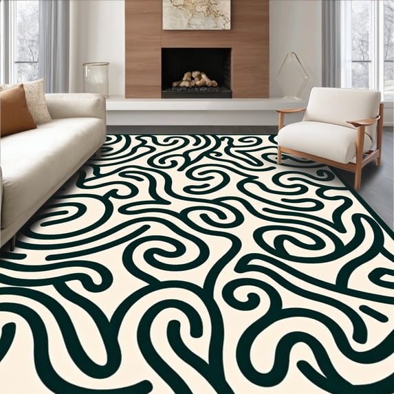 ODIKA 5'x7' Machine Washable Non-Slip Area Rug, Enchanting Swirl Mosaic Abstract Artistic Fancy Exquisite High Traffic Rug, Black, 579486