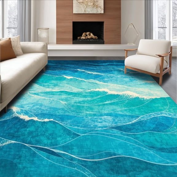 ODIKA 5' x 7' Machine Washable Non-Slip Area Rug, Abstract wave High Traffic Rug, Blue, 141466