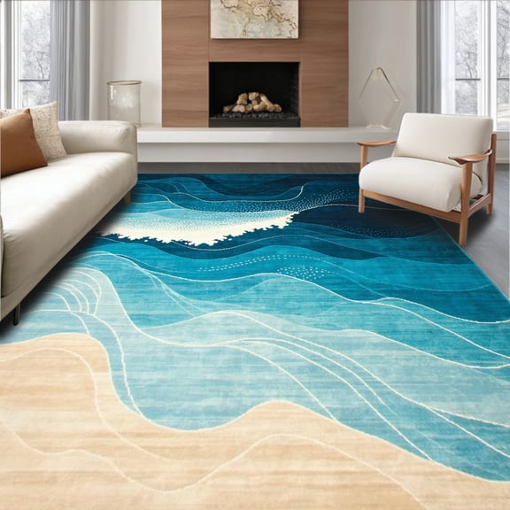 ODIKA 5' x 7' Machine Washable Non-Slip Area Rug, Abstract wave High Traffic Rug, Blue, 6221
