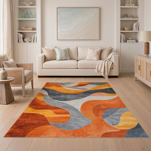 ODIKA 5'x7' Machine Washable Non-Slip Area Rug, Chic Abstract in Burnt Orange and Slate Grey Design High Traffic Rug, Orange, 104662