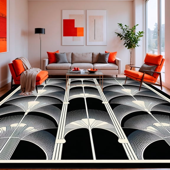 ODIKA 5'x7' Machine Washable Non-Slip Area Rug, Art Inspired Fan Motif with Radiating Lines and Elegant Semi Circle Repeats High Traffic Rug, Black, 127294