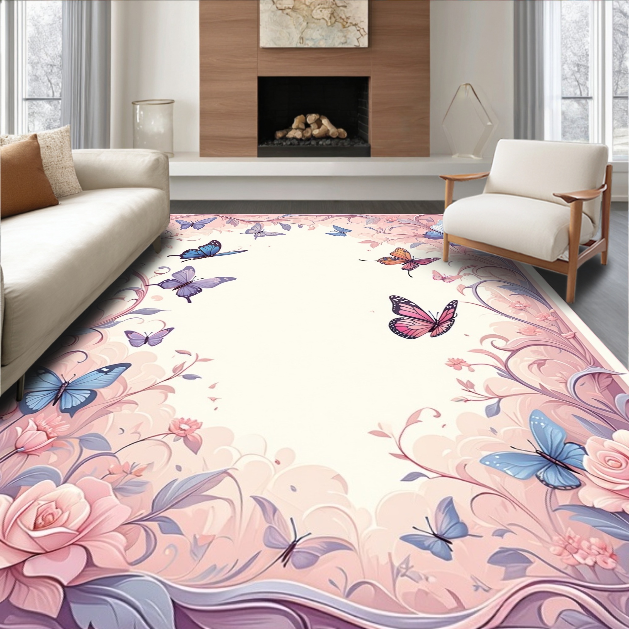 Pink Butterfly Rugs ODIKA 5' x 7' Machine Washable Non-Slip Area Rug, Art Nouveau Butterfly ...