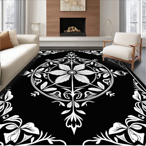 ODIKA 5' x 7' Machine Washable Non-Slip Area Rug, Art Nouveau Flower High Traffic Rug, Black, 718466