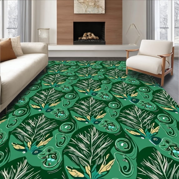 ODIKA 5' x 7' Machine Washable Non-Slip Area Rug, Art Nouveau leaf High Traffic Rug, Green, 613488