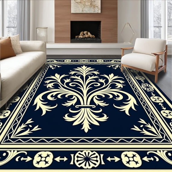 ODIKA 5' x 7' Machine Washable Non-Slip Area Rug, Baroque Fleur-de-lis High Traffic Rug, Blue, 522362