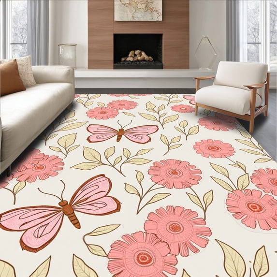 ODIKA 5' x 7' Machine Washable Non-Slip Area Rug, Boho Flower High Traffic Rug, Pink, 331924