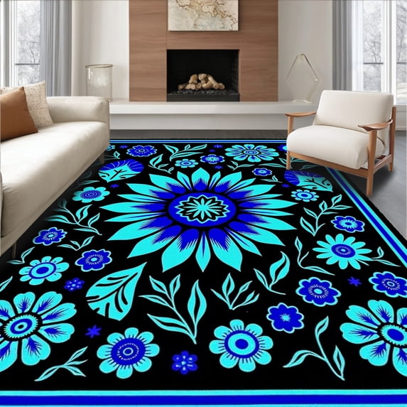 ODIKA 5' x 7' Machine Washable Non-Slip Area Rug, Boho Sunflower High Traffic Rug, Black, 353473