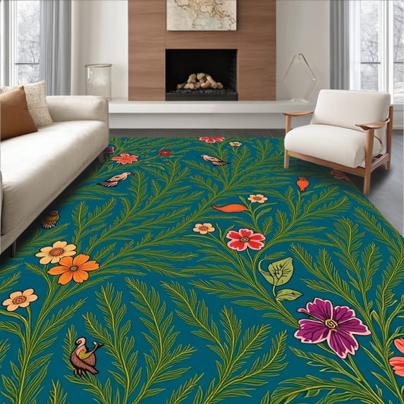 ODIKA 5' x 7' Machine Washable Non-Slip Area Rug, Botanical Fern High Traffic Rug, Teal, 431705