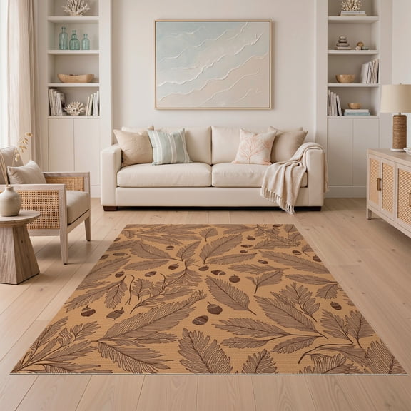 ODIKA 5' x 7' Machine Washable Non-Slip Area Rug, Botanical Oak-Leaf High Traffic Rug, Brown, 293168