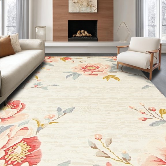 ODIKA 5'x7' Machine Washable Non-Slip Area Rug, Contemporary Vertex Design with Peony and Abstract Capella High Traffic Rug, Ivory, 191477