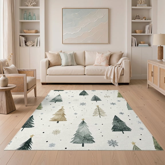 ODIKA 5'x7' Machine Washable Non-Slip Area Rug, Winter Eve Christmas Tree Farmhouse Holiday Beige High Traffic Rug, Ivory, 51032
