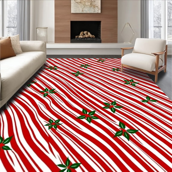 ODIKA 5' x 7' Machine Washable Non-Slip Area Rug, Christmas Stripes High Traffic Rug, Red, 501634