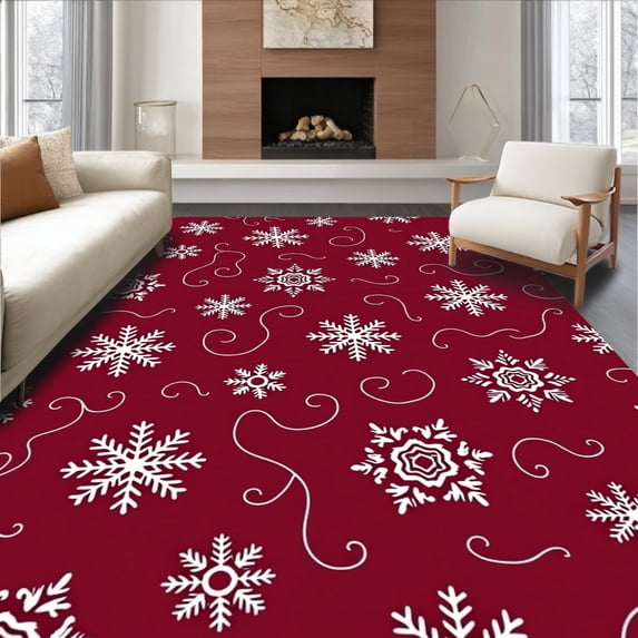 ODIKA 5' x 7' Machine Washable Non-Slip Area Rug, Christmas snowflake High Traffic Rug, Red, 605627