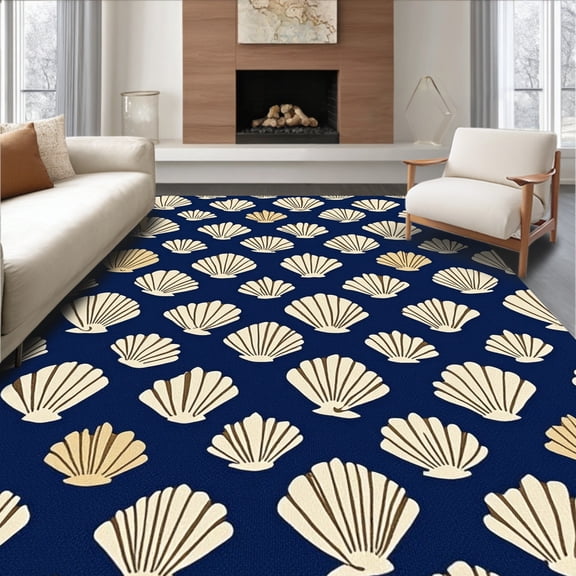 ODIKA 5'x7' Machine Washable Non-Slip Area Rug, Interlocking Seashell Mosaic with Oceanic Navy and Cream Highlights High Traffic Rug, Blue, 329465
