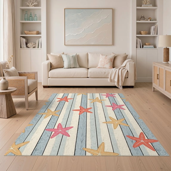 ODIKA 5'x7' Machine Washable Non-Slip Area Rug, Vintage Driftwood Starfish Nautical Bath with Weathered Design High Traffic Rug, Beige, 426902