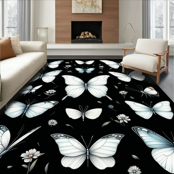 ODIKA 5'x7' Machine Washable Non-Slip Area Rug, Botanical Haven With Elegant Wing High Traffic Rug, White, 280653