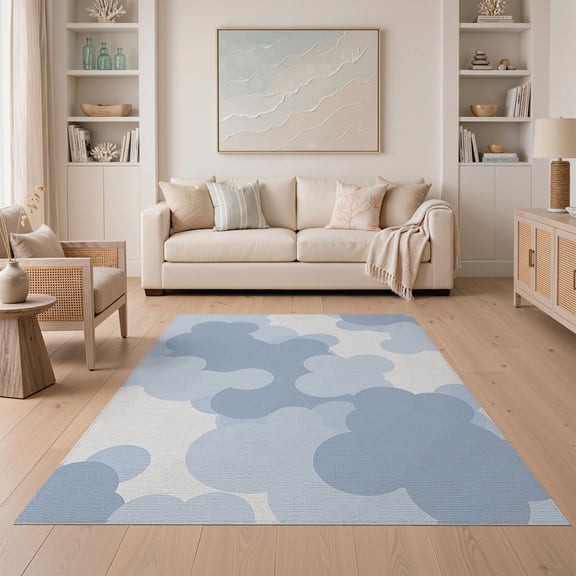 ODIKA 5'x7' Machine Washable Non-Slip Area Rug, Abstract Cloud Wash with Layered Grey Hues High Traffic Rug, Blue, 389280