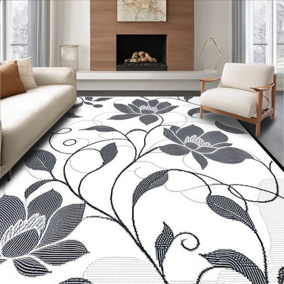 ODIKA 5' x 7' Machine Washable Non-Slip Area Rug, Contemporary Flower High Traffic Rug, Black, 230823