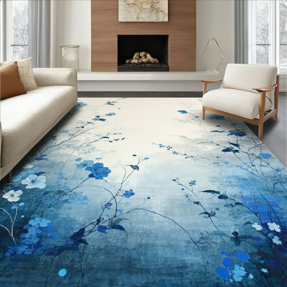 ODIKA 5'x7' Machine Washable Non-Slip Area Rug, Breeze Grey & Floral High Traffic Rug, Blue, 70913