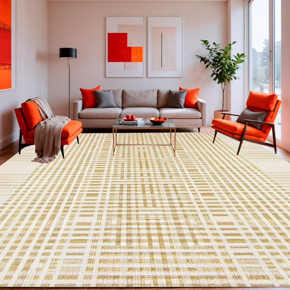 ODIKA 5' x 7' Machine Washable Non-Slip Area Rug, Contemporary Grid High Traffic Rug, Beige, 127397