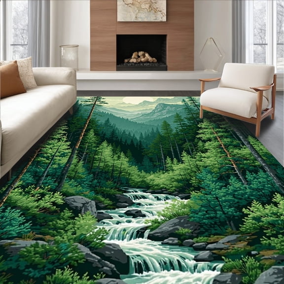 ODIKA 5' x 7' Machine Washable Non-Slip Area Rug, Contemporary Pine-Tree High Traffic Rug, Green, 27986