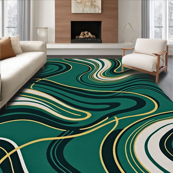 ODIKA 5' x 7' Machine Washable Non-Slip Area Rug, Contemporary Swirl High Traffic Rug, Green, 368823