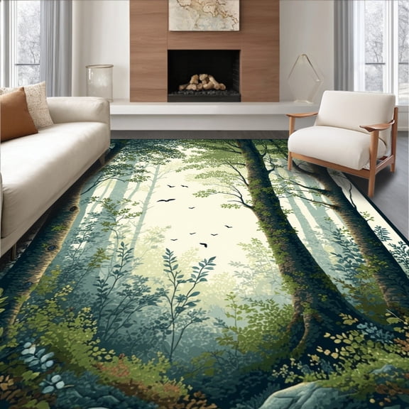 ODIKA 5'x7' Machine Washable Non-Slip Area Rug, Enchanted Forest Pile with Dark Grey High Traffic Rug, Green, 108861