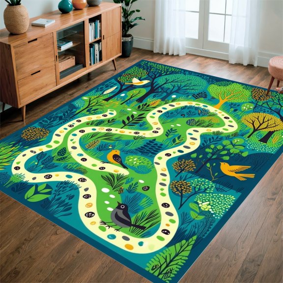 ODIKA 5'x7' Machine Washable Non-Slip Area Rug, Rainforest Explorer Map Design Featuring Paths and Nature Icons High Traffic Rug, Green, 281193