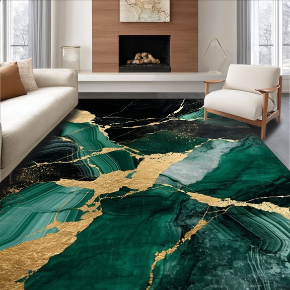 ODIKA 5'x7' Machine Washable Non-Slip Area Rug, Contemporary Marble Vein Design Elegant Stone Effect Floor Cover High Traffic Rug, Green, 147087