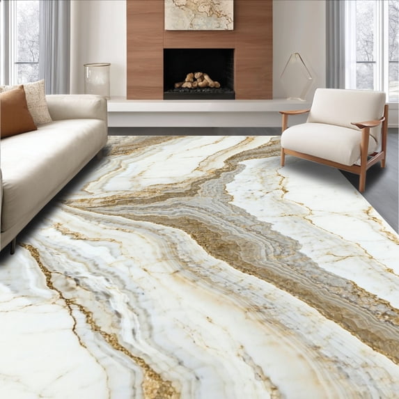 ODIKA 5'x7' Machine Washable Non-Slip Area Rug, Modern Marble Vein Swirling High Traffic Rug, Ivory, 132774
