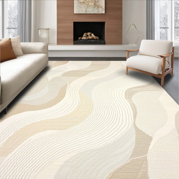 ODIKA 5' x 7' Machine Washable Non-Slip Area Rug, Contemporary Wave High Traffic Rug, Beige, 267475