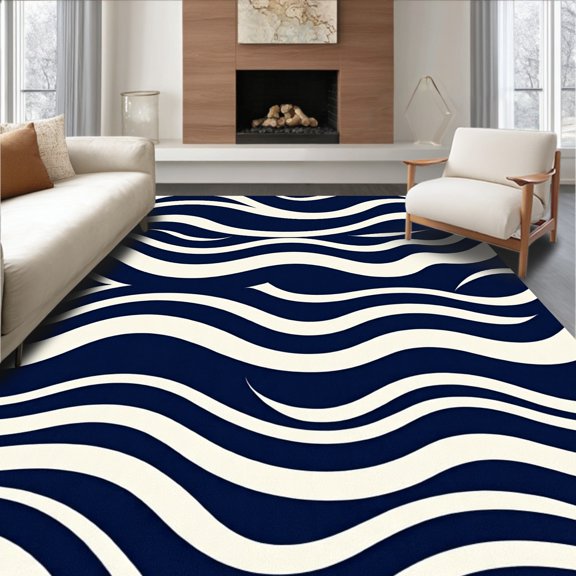 ODIKA 5'x7' Machine Washable Non-Slip Area Rug, Nautical Stripe Waves High Traffic Rug, Blue, 339749