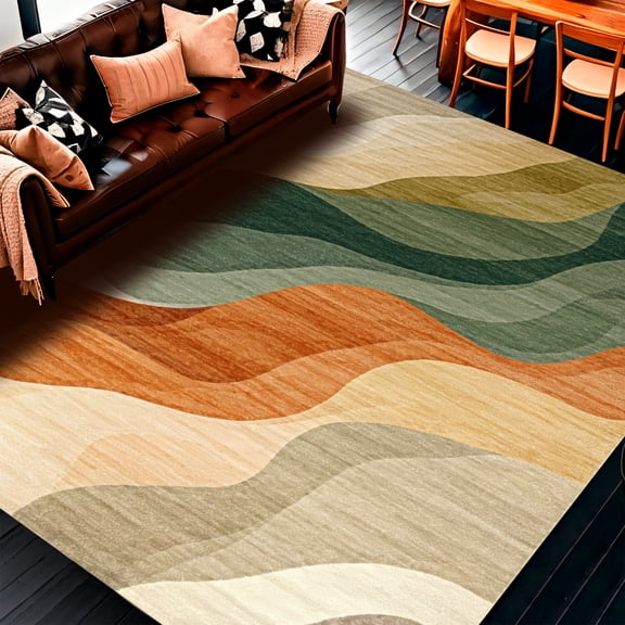 ODIKA 5' x 7' Machine Washable Non-Slip Area Rug, Contemporary Waves High Traffic Rug, Beige, 182002