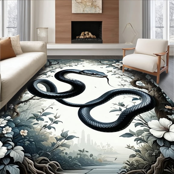 ODIKA 5' x 7' Machine Washable Non-Slip Area Rug, Dark Fantasy Snake High Traffic Rug, Black, 56275