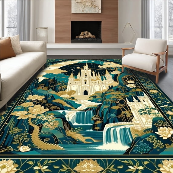 ODIKA 5'x7' Machine Washable Non-Slip Area Rug, Enchanted Castle Dragon for Girls High Traffic Rug, Blue, 64565