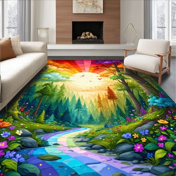 ODIKA 5'x7' Machine Washable Non-Slip Area Rug, Bohemian A Magical Escape High Traffic Rug, Green, 64793