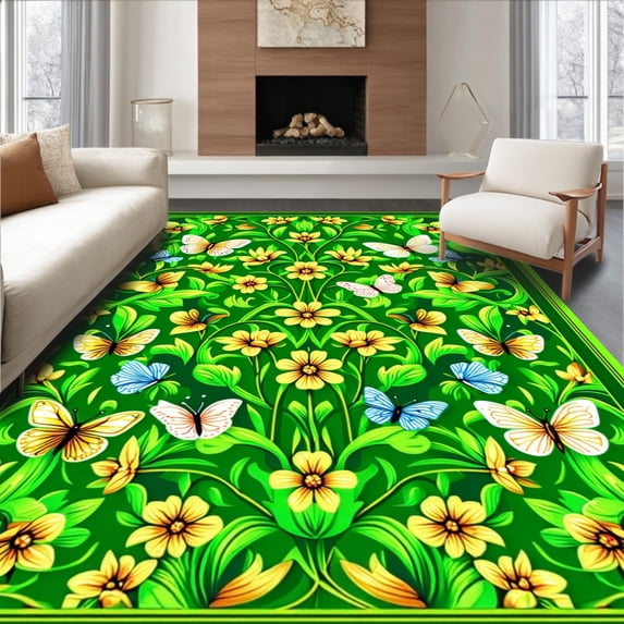ODIKA 5' x 7' Machine Washable Non-Slip Area Rug, Floral Flower High Traffic Rug, Green, 28799
