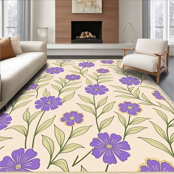 ODIKA 5' x 7' Machine Washable Non-Slip Area Rug, Floral Flower High Traffic Rug, Purple, 337999