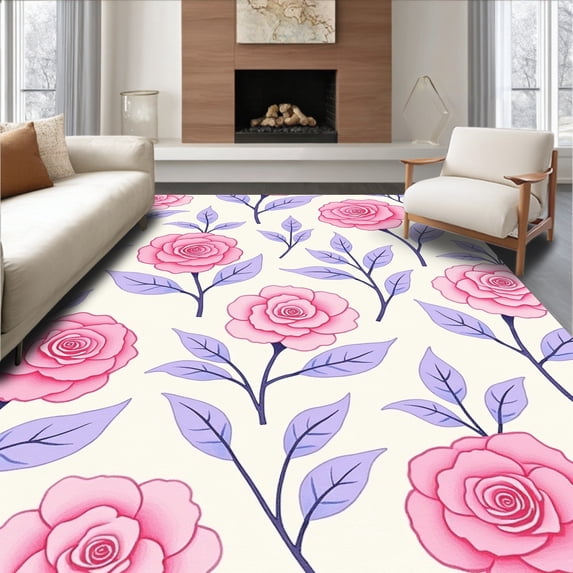 ODIKA 5' x 7' Machine Washable Non-Slip Area Rug, Floral Rose High Traffic Rug, Pink, 420895