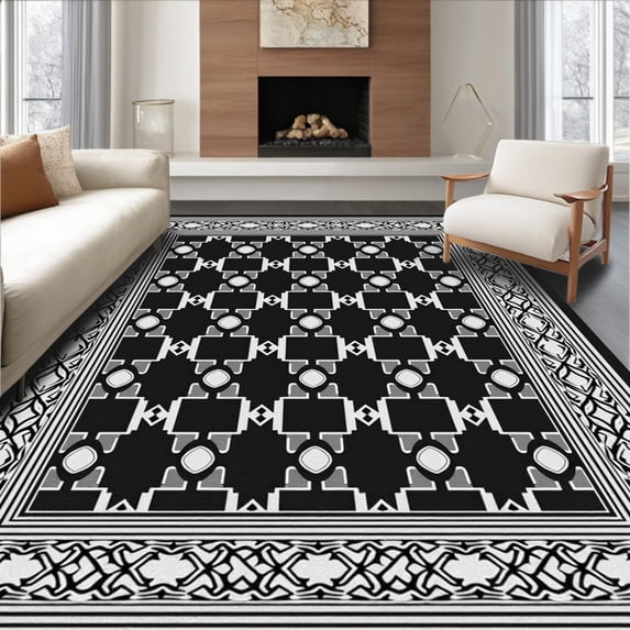 ODIKA 5' x 7' Machine Washable Non-Slip Area Rug, Geometric Diamond High Traffic Rug, Black, 464845